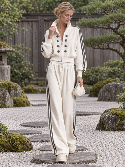 Casual Sporty Retro Double-Breasted Decorative Button White Cotton Jacket And Pants Set
