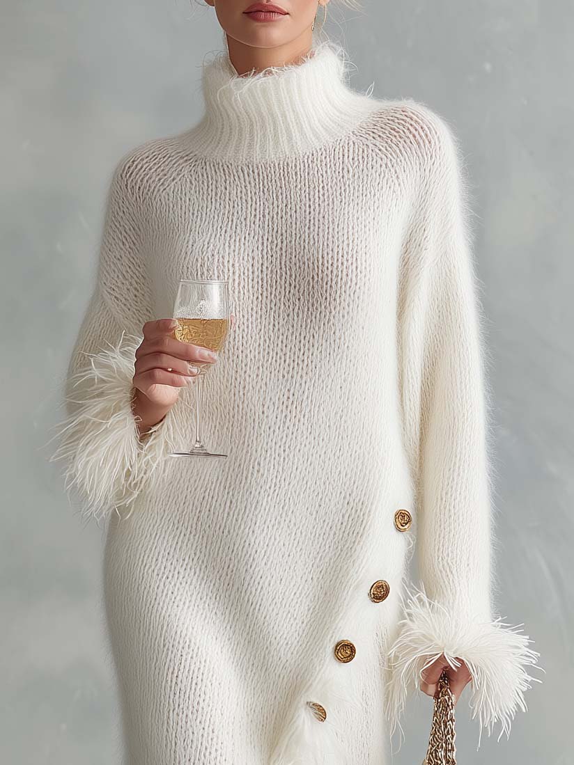 Elegant Ivory Fuzzy Mohair Feather Trim Turtleneck Side Slit Maxi Sweater Dress