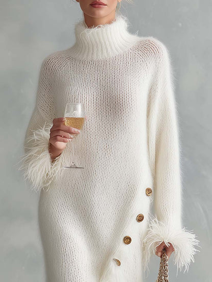 Elegant Ivory Fuzzy Mohair Feather Trim Turtleneck Side Slit Maxi Sweater Dress