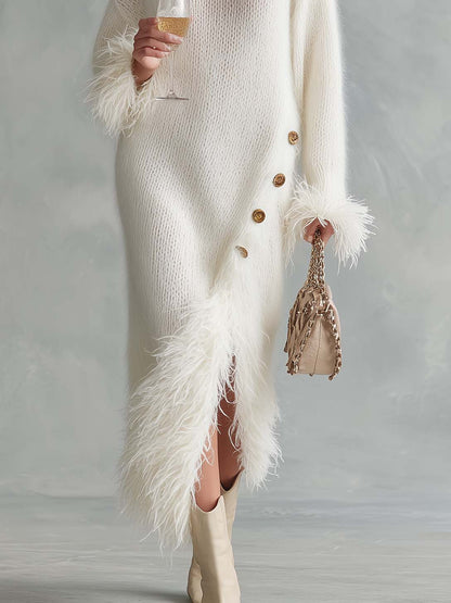 Elegant Ivory Fuzzy Mohair Feather Trim Turtleneck Side Slit Maxi Sweater Dress