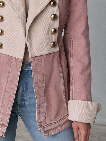 Stylish Retro White Corduroy Pink Double-Breasted Denim Coat