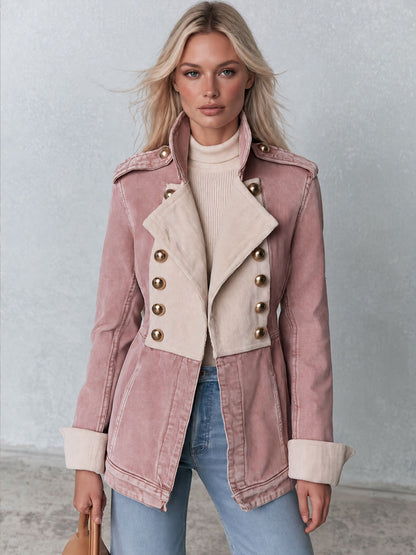 Stylish Retro White Corduroy Pink Double-Breasted Denim Coat