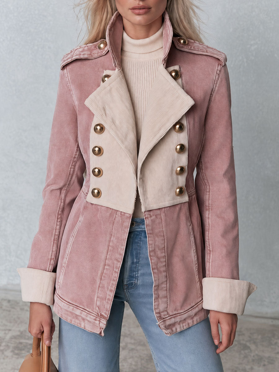 Stylish Retro White Corduroy Pink Double-Breasted Denim Coat