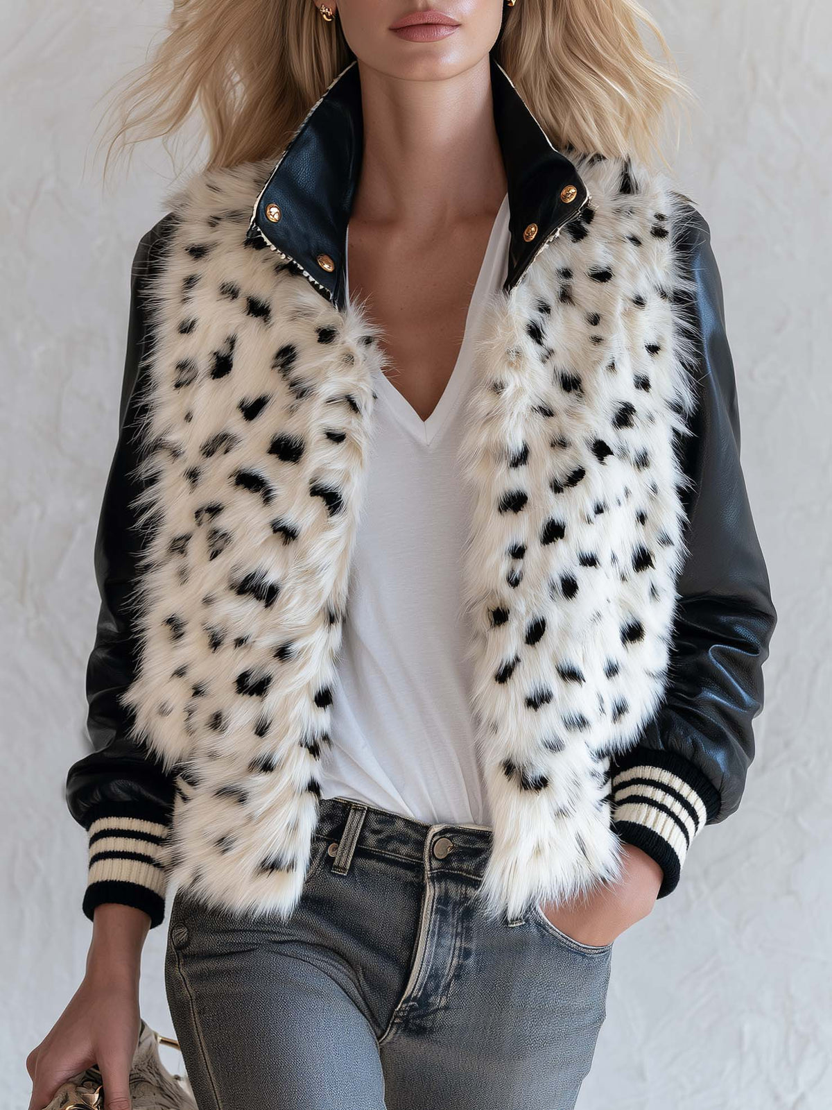 Vintage Snow Leopard Faux Fur Patchwork Leather Cropped Bomber Jacket