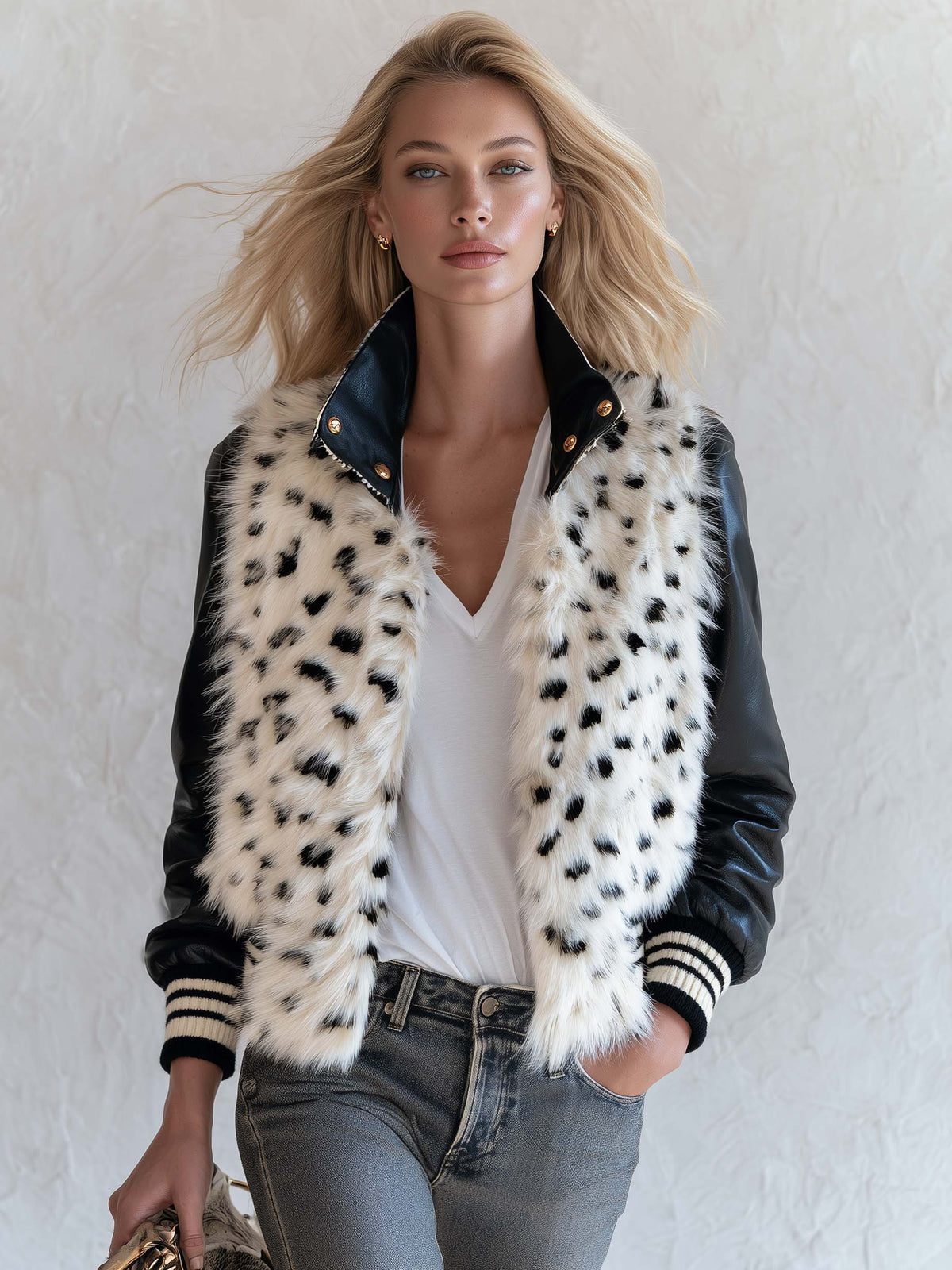 Vintage Snow Leopard Faux Fur Patchwork Leather Cropped Bomber Jacket