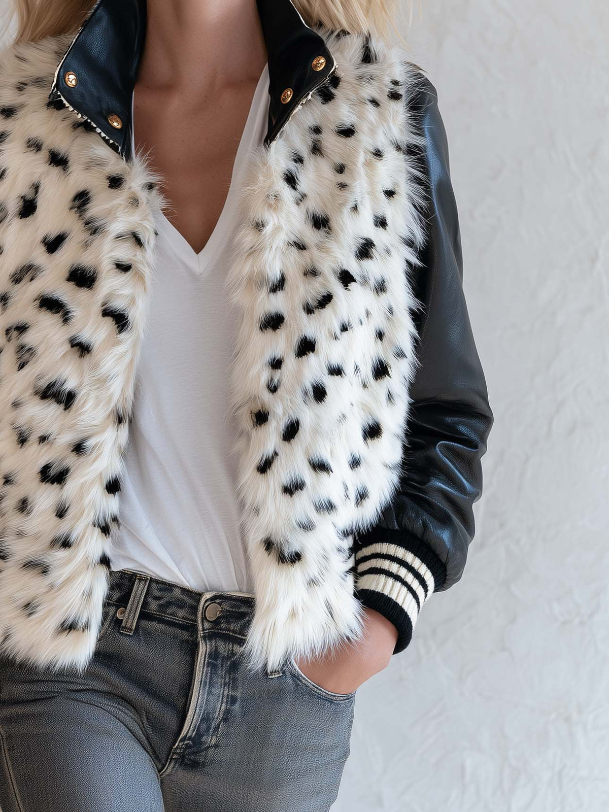 Vintage Snow Leopard Faux Fur Patchwork Leather Cropped Bomber Jacket