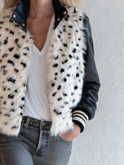 Vintage Snow Leopard Faux Fur Patchwork Leather Cropped Bomber Jacket