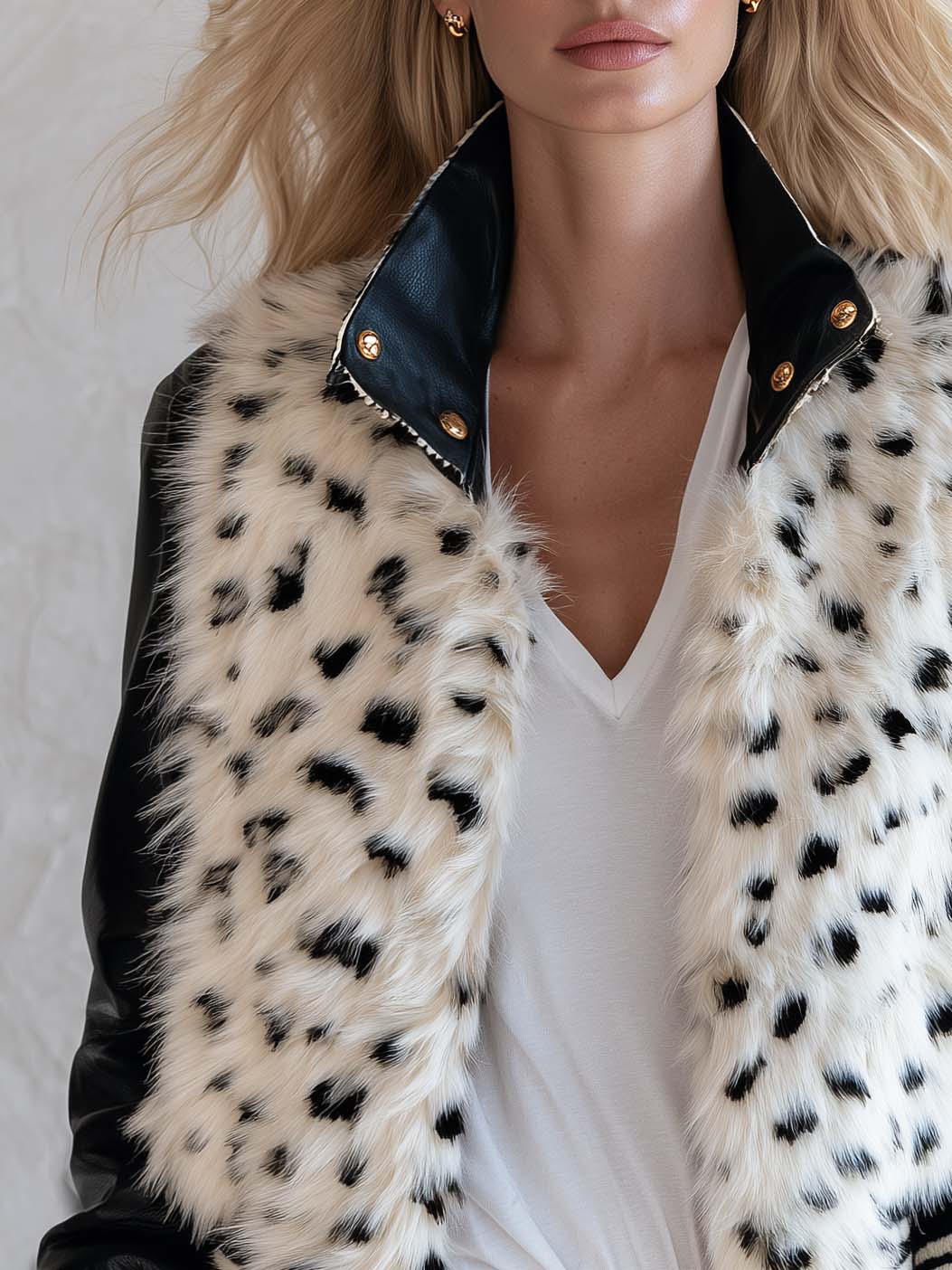 Vintage Snow Leopard Faux Fur Patchwork Leather Cropped Bomber Jacket