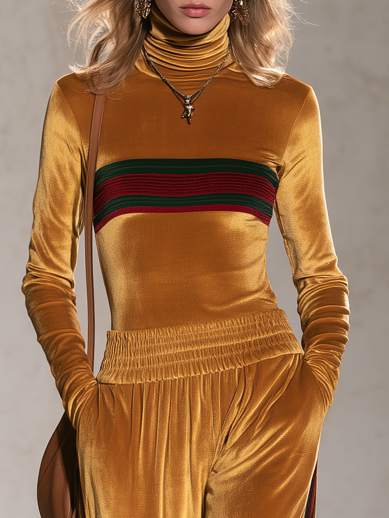 Retro Chic Mustard Velvet Leopard Turtleneck Top &amp; Wide-Leg Pants Set
