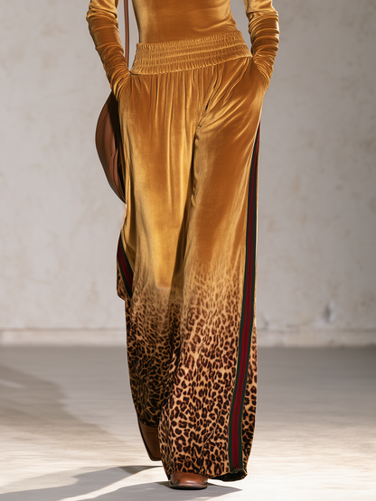Retro Chic Mustard Velvet Leopard Turtleneck Top &amp; Wide-Leg Pants Set