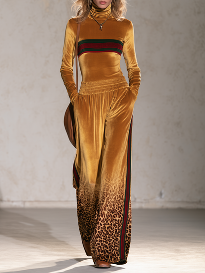 Retro Chic Mustard Velvet Leopard Turtleneck Top &amp; Wide-Leg Pants Set