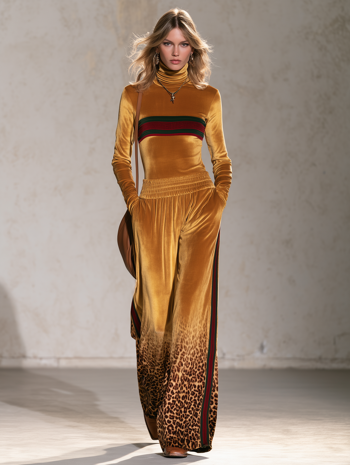 Retro Chic Mustard Velvet Leopard Turtleneck Top &amp; Wide-Leg Pants Set
