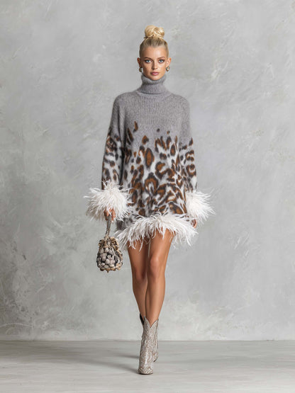 Glam Leopard Print Feather Trim Fuzzy Knit Oversized Turtleneck Mini Sweater Dress
