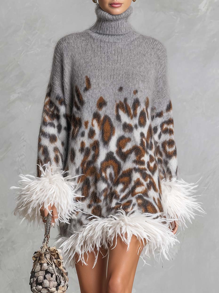 Glam Leopard Print Feather Trim Fuzzy Knit Oversized Turtleneck Mini Sweater Dress