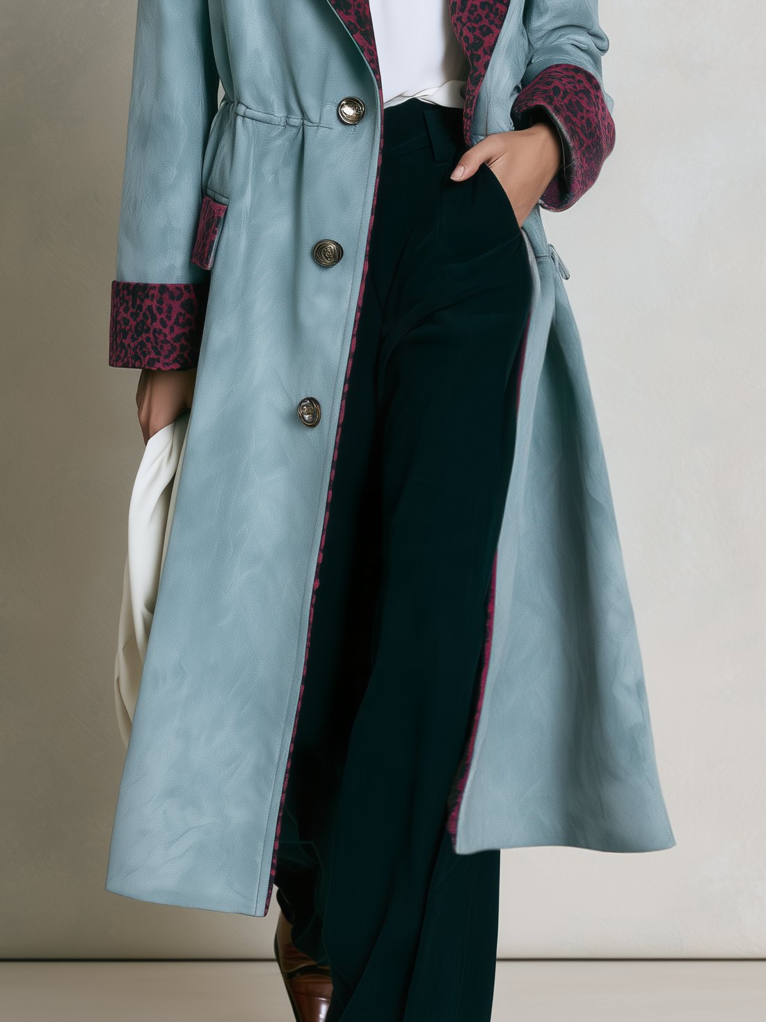 Retro Chic Color-Block Leopard Trim Faux Suede Long Coat For Women