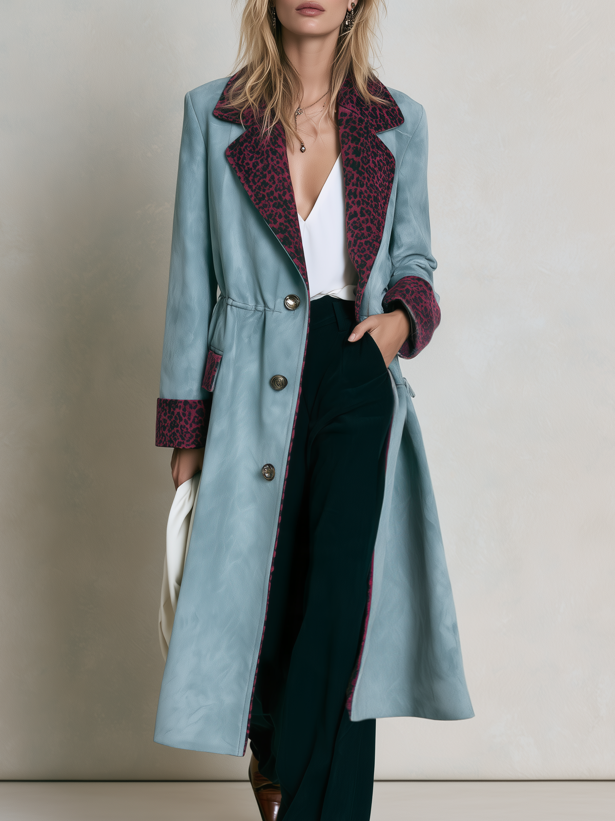 Retro Chic Color-Block Leopard Trim Faux Suede Long Coat For Women