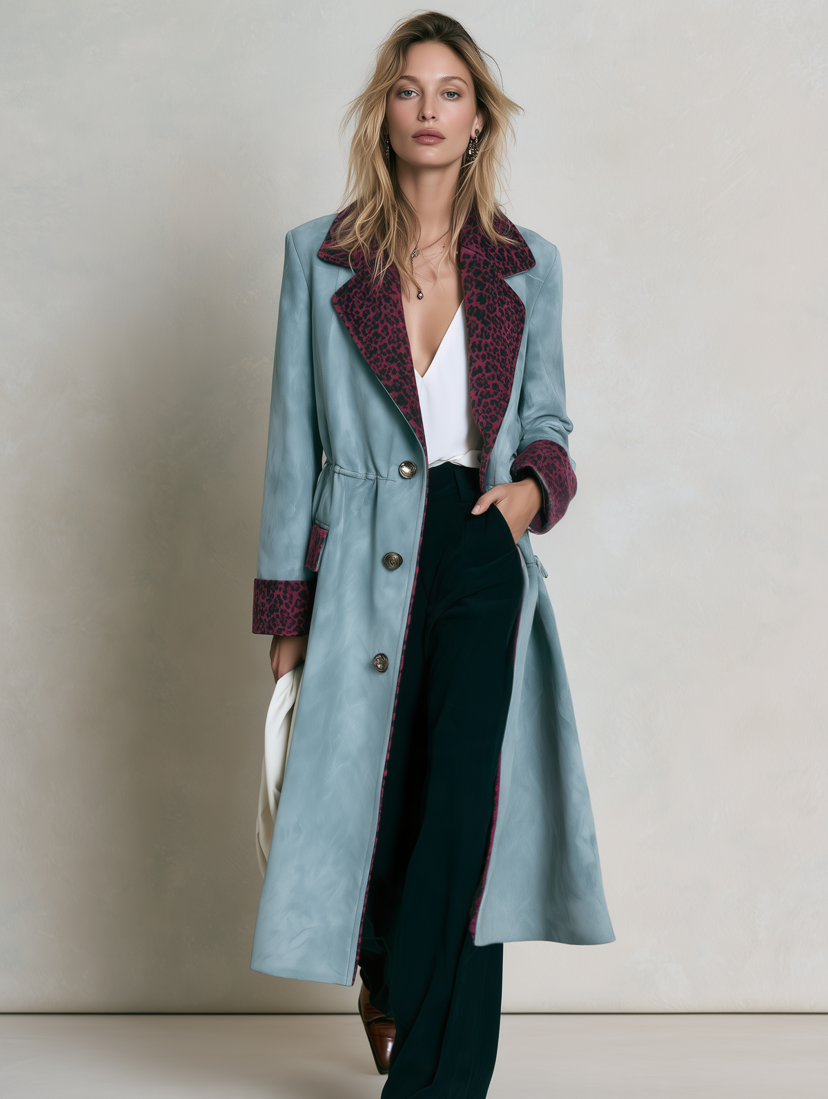 Retro Chic Color-Block Leopard Trim Faux Suede Long Coat For Women
