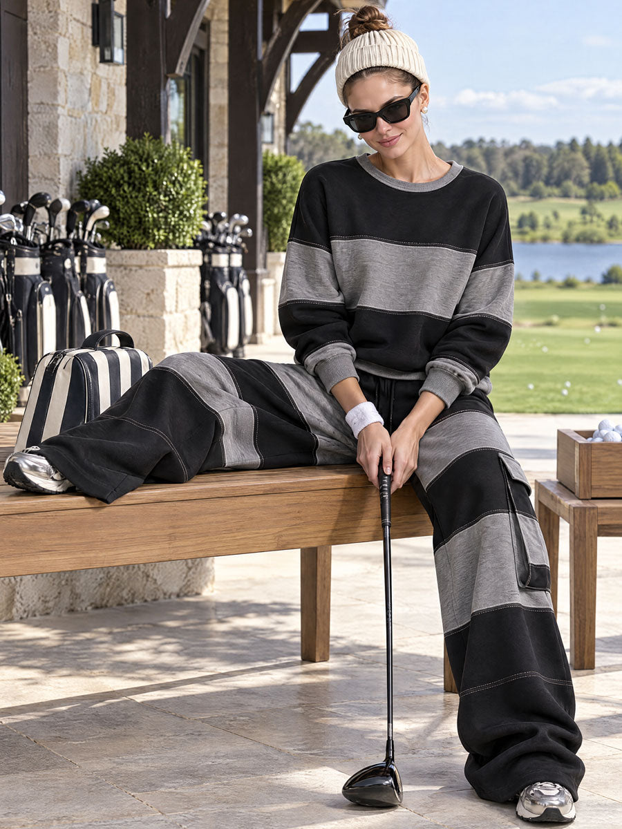 Casual Sports Black And Gray Striped Cotton Crew Neck Sweatshirt And Pants Set