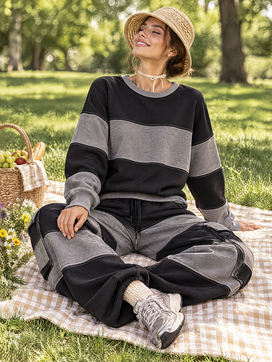 Casual Sports Black And Gray Striped Cotton Crew Neck Sweatshirt And Pants Set