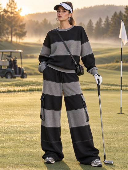 Casual Sports Black And Gray Striped Cotton Crew Neck Sweatshirt And Pants Set