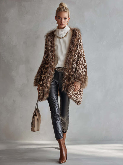 Vintage Leopard Print Faux Fur Trim Oversized Open Front Chunky Knit Cardigan