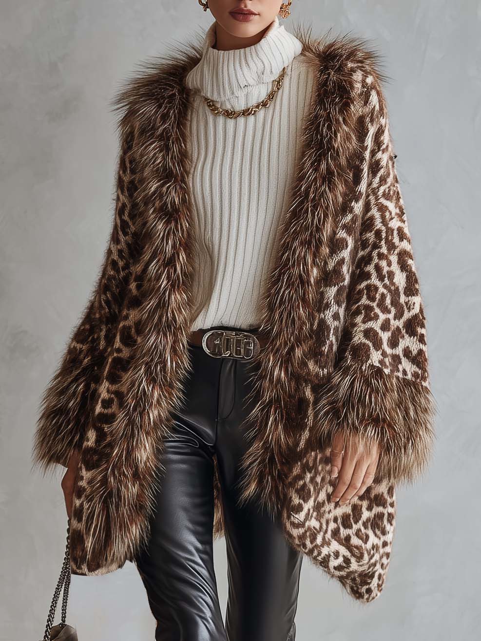 Vintage Leopard Print Faux Fur Trim Oversized Open Front Chunky Knit Cardigan