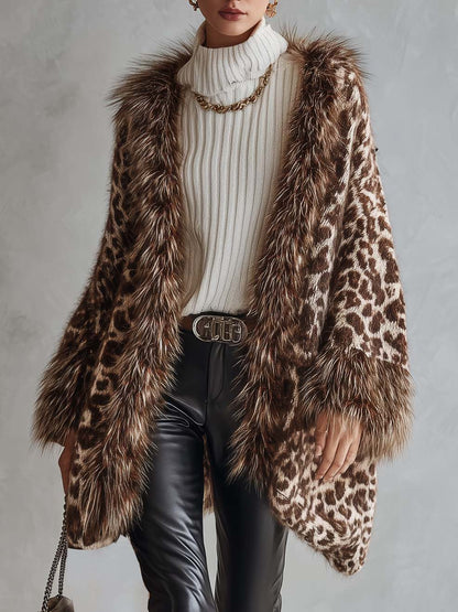 Vintage Leopard Print Faux Fur Trim Oversized Open Front Chunky Knit Cardigan
