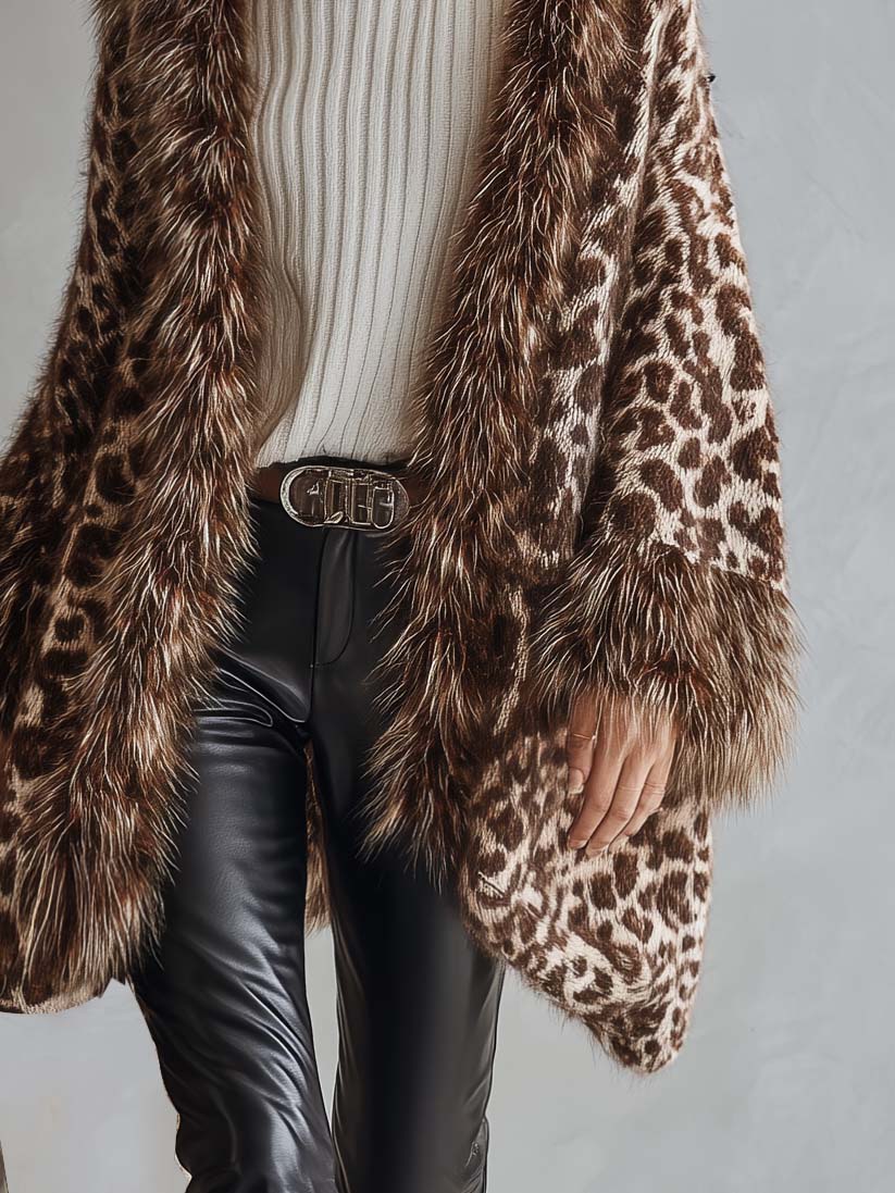 Vintage Leopard Print Faux Fur Trim Oversized Open Front Chunky Knit Cardigan