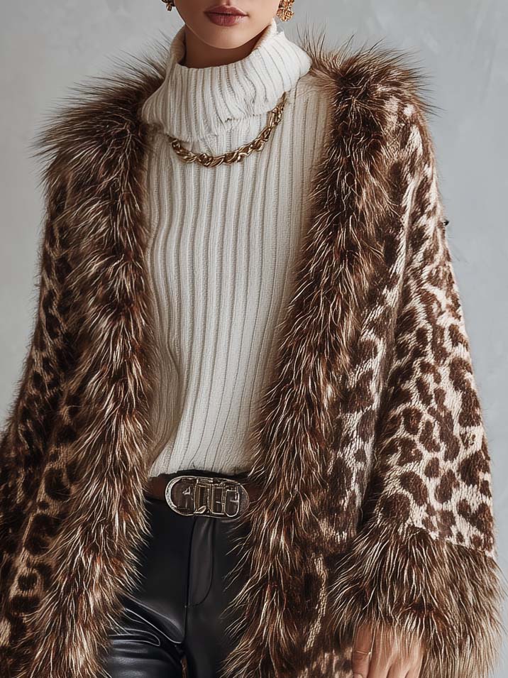 Vintage Leopard Print Faux Fur Trim Oversized Open Front Chunky Knit Cardigan
