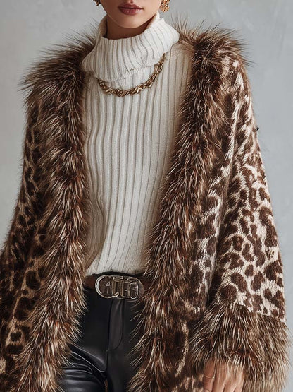 Vintage Leopard Print Faux Fur Trim Oversized Open Front Chunky Knit Cardigan