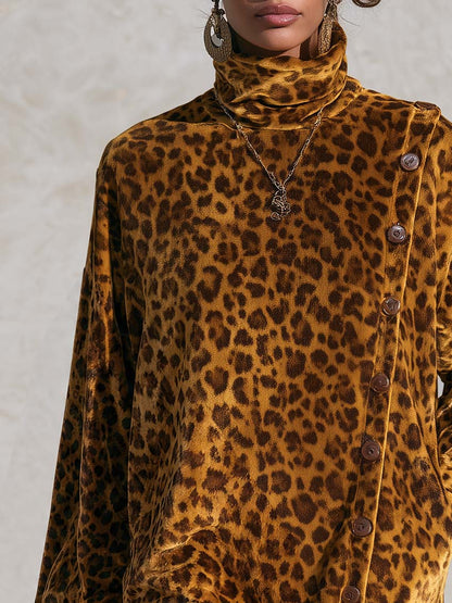 Vintage Leopard Print Velvet Asymmetric Button-Front Cowl Neck Long Sleeve Mini Dress