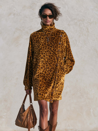 Vintage Leopard Print Velvet Asymmetric Button-Front Cowl Neck Long Sleeve Mini Dress