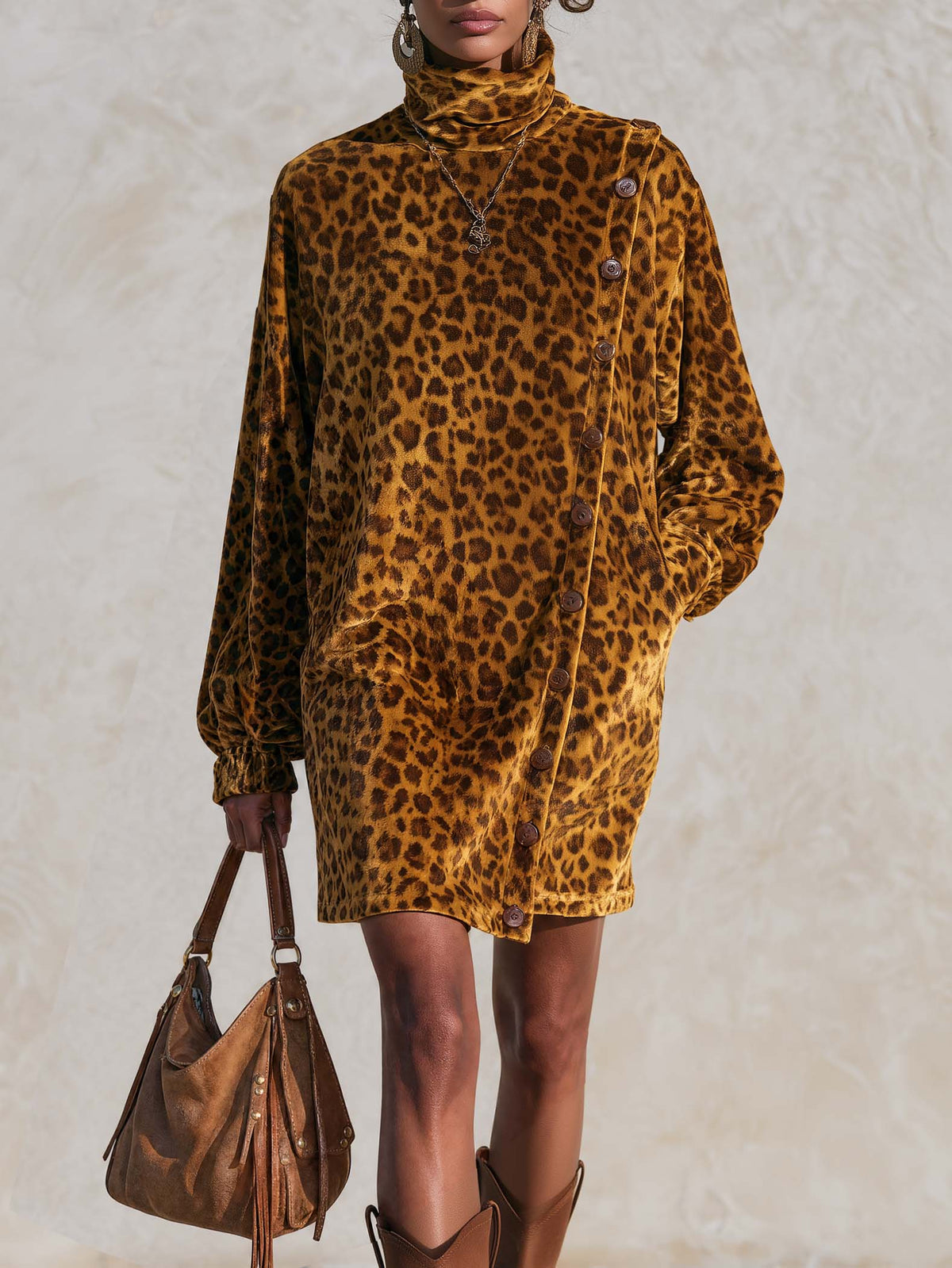 Vintage Leopard Print Velvet Asymmetric Button-Front Cowl Neck Long Sleeve Mini Dress