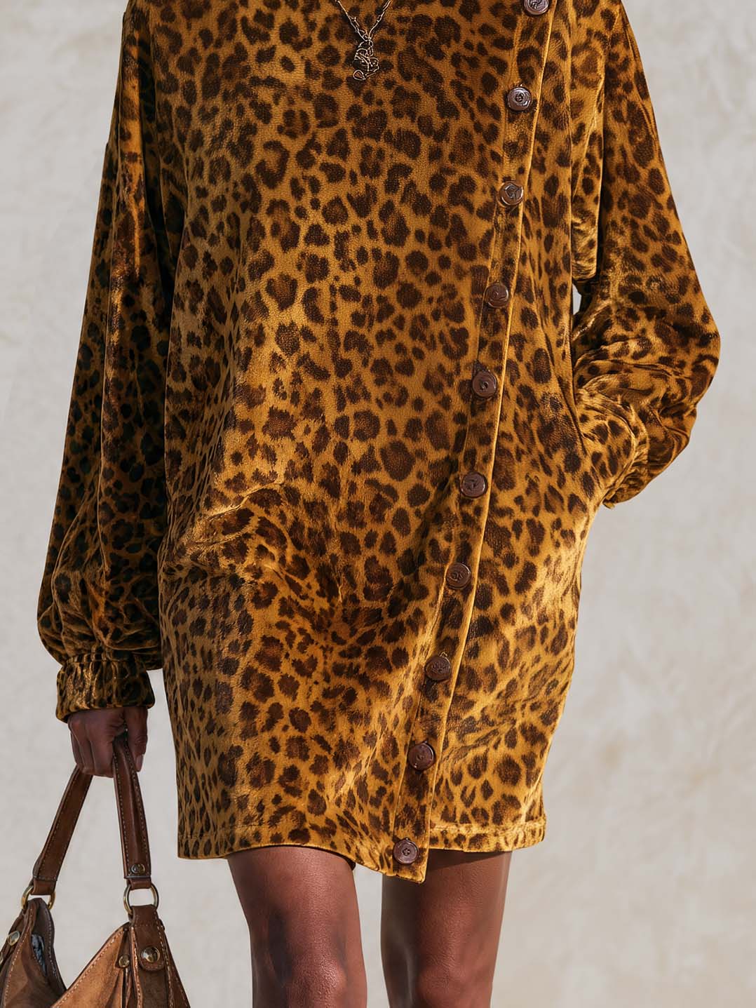 Vintage Leopard Print Velvet Asymmetric Button-Front Cowl Neck Long Sleeve Mini Dress