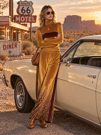 Retro Chic Mustard Velvet Leopard Turtleneck Top &amp; Wide-Leg Pants Set
