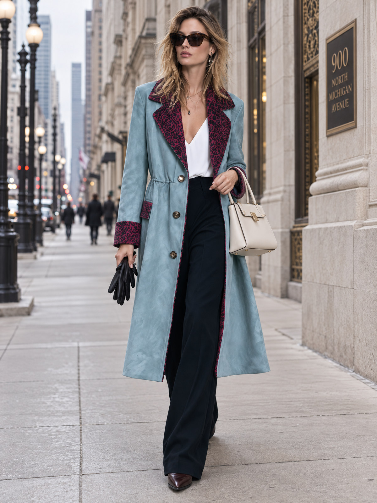 Retro Chic Color-Block Leopard Trim Faux Suede Long Coat For Women