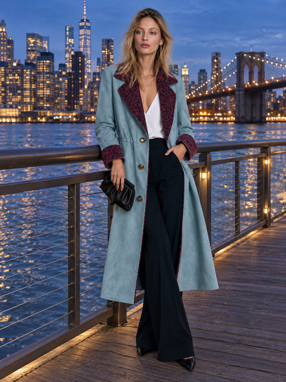 Retro Chic Color-Block Leopard Trim Faux Suede Long Coat For Women