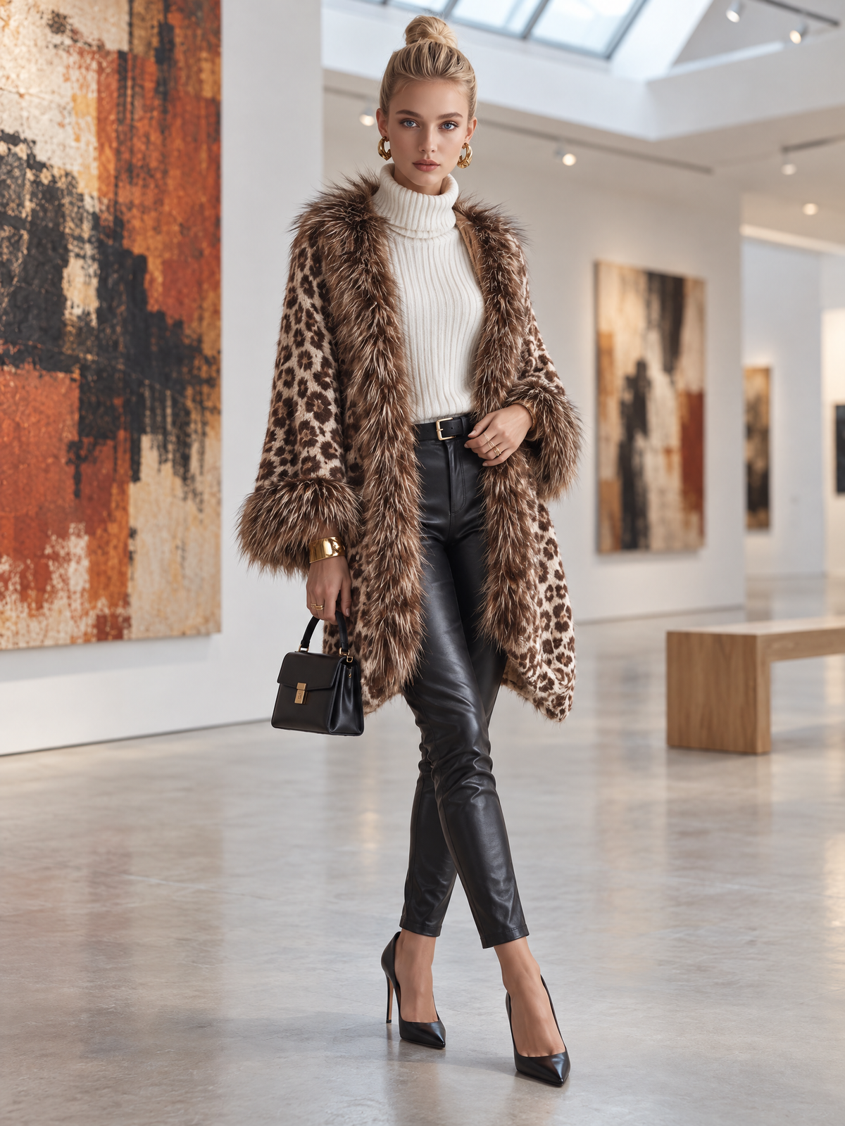 Vintage Leopard Print Faux Fur Trim Oversized Open Front Chunky Knit Cardigan