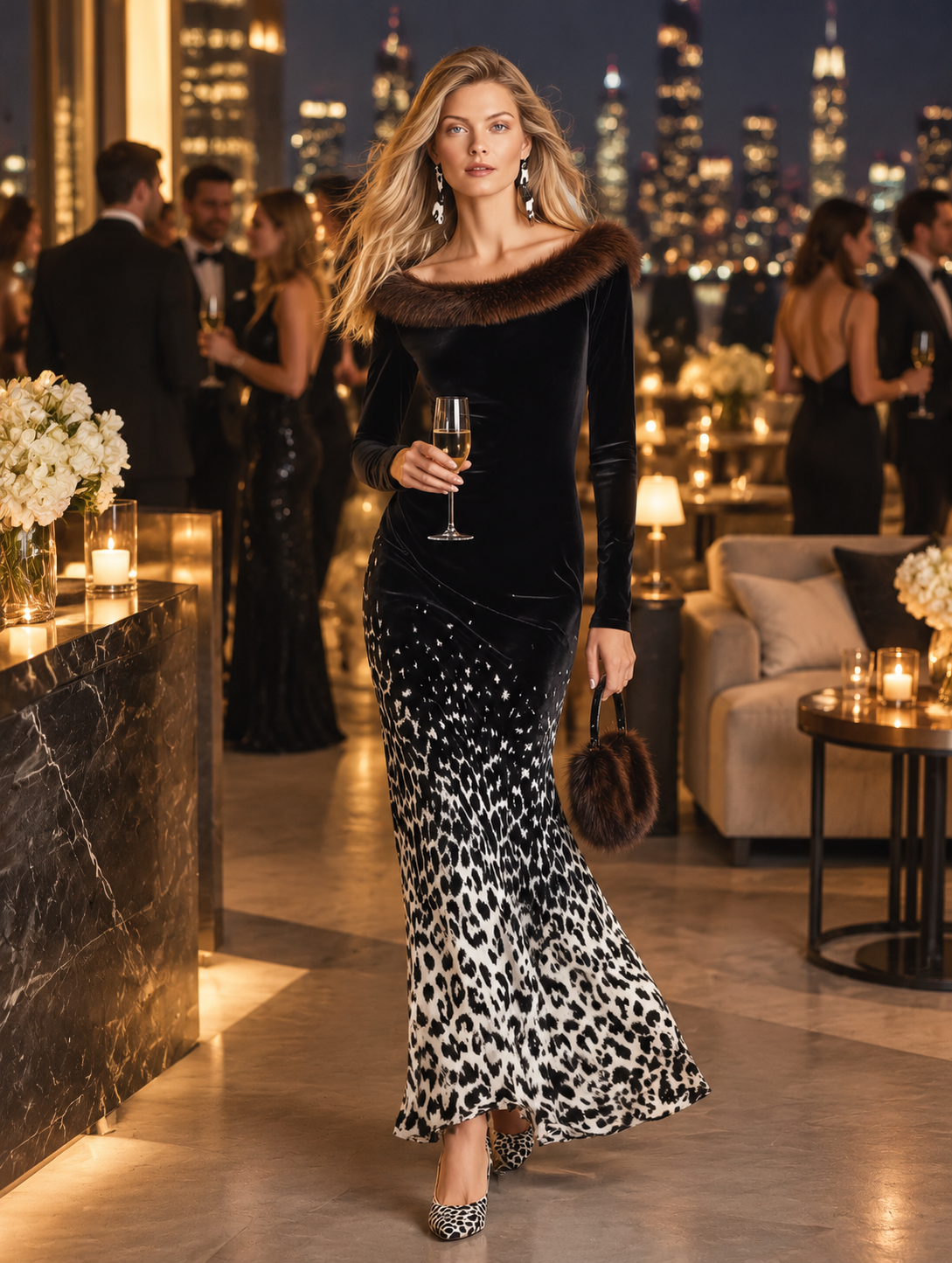 Elegant Party Faux-Fur-Trimmed Black Ombré Leopard-Print Velvet Maxi Dress