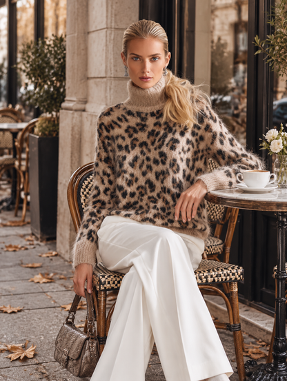 Vintage-style Warm Leopard-print Mohair Turtleneck Sweater