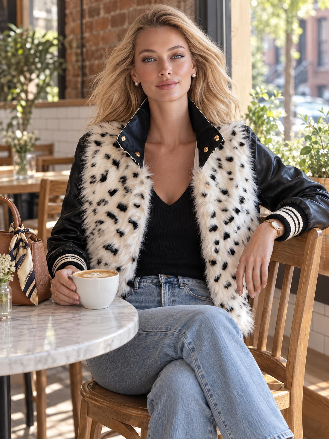 Vintage Snow Leopard Faux Fur Patchwork Leather Cropped Bomber Jacket