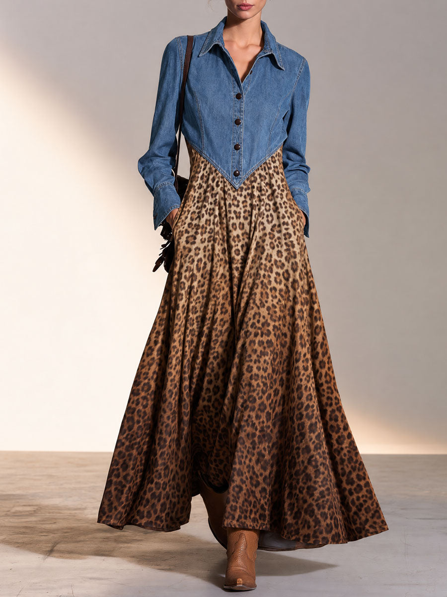 Fashionable Retro Blue Denim Patchwork Leopard Print Velvet Print Maxi Dress