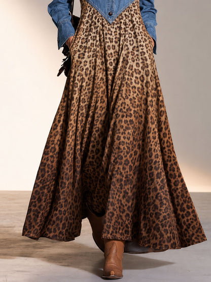 Fashionable Retro Blue Denim Patchwork Leopard Print Velvet Print Maxi Dress