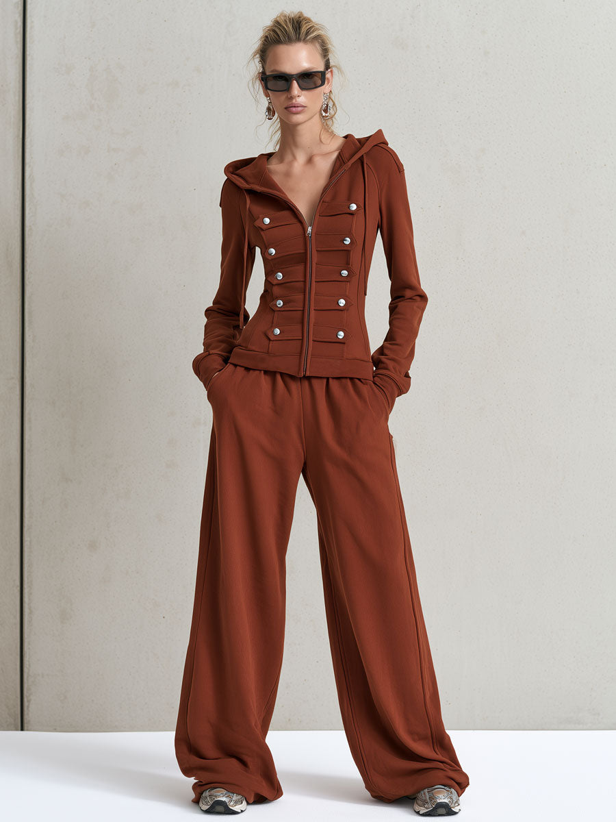 Sporty Retro Military Style Red Brown Cotton Hooded Sweatshirt And Pants Set