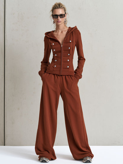 Sporty Retro Military Style Red Brown Cotton Hooded Sweatshirt And Pants Set
