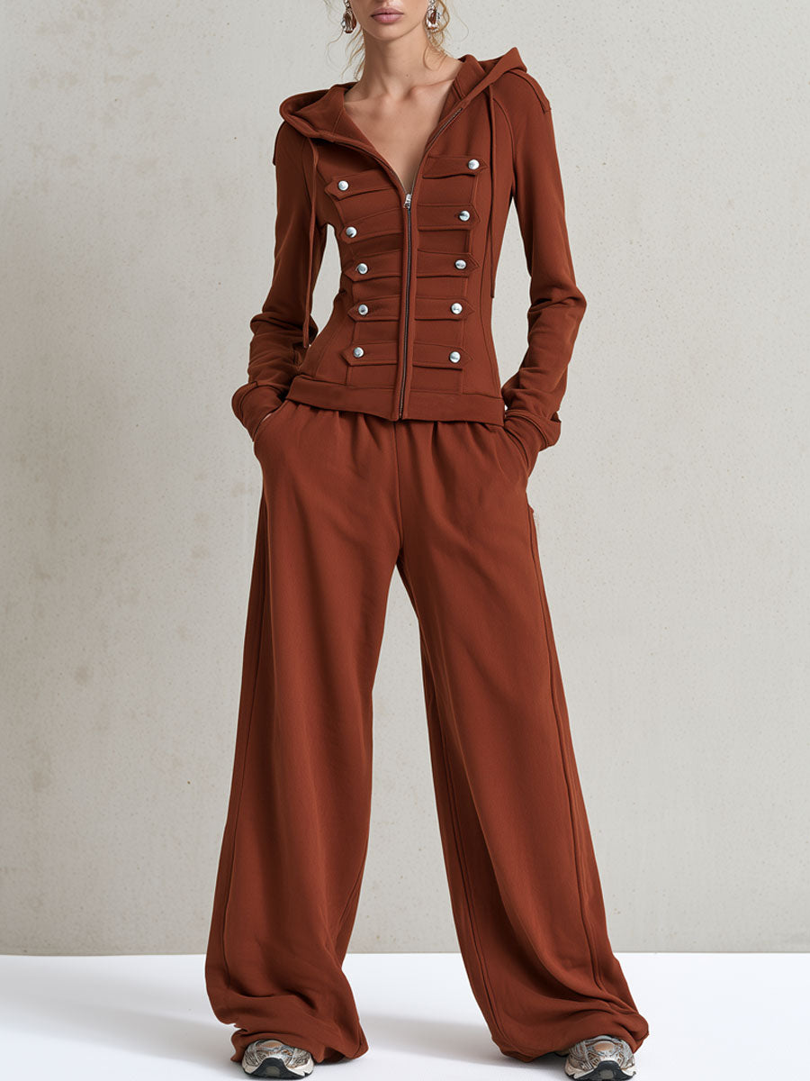 Sporty Retro Military Style Red Brown Cotton Hooded Sweatshirt And Pants Set