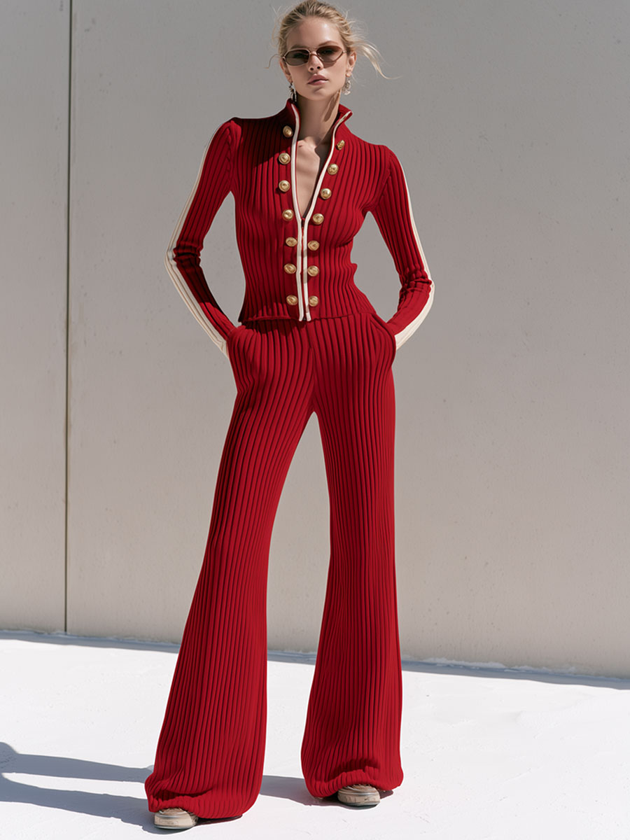 Retro-style Military-inspired Slim-fit Red Knit Jacket And Pants Set