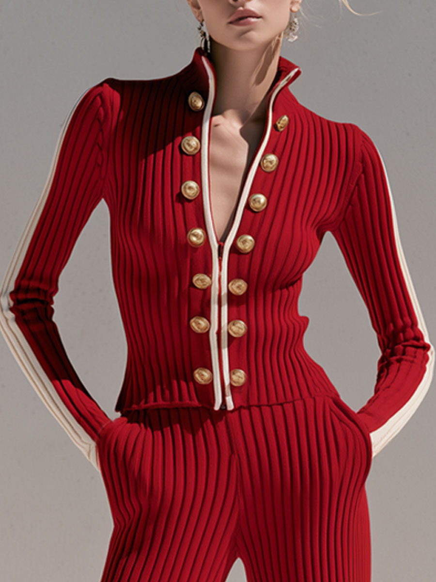 Retro-style Military-inspired Slim-fit Red Knit Jacket And Pants Set