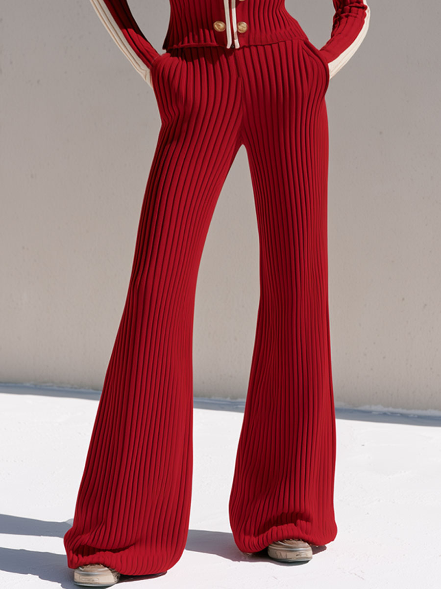 Retro-style Military-inspired Slim-fit Red Knit Jacket And Pants Set