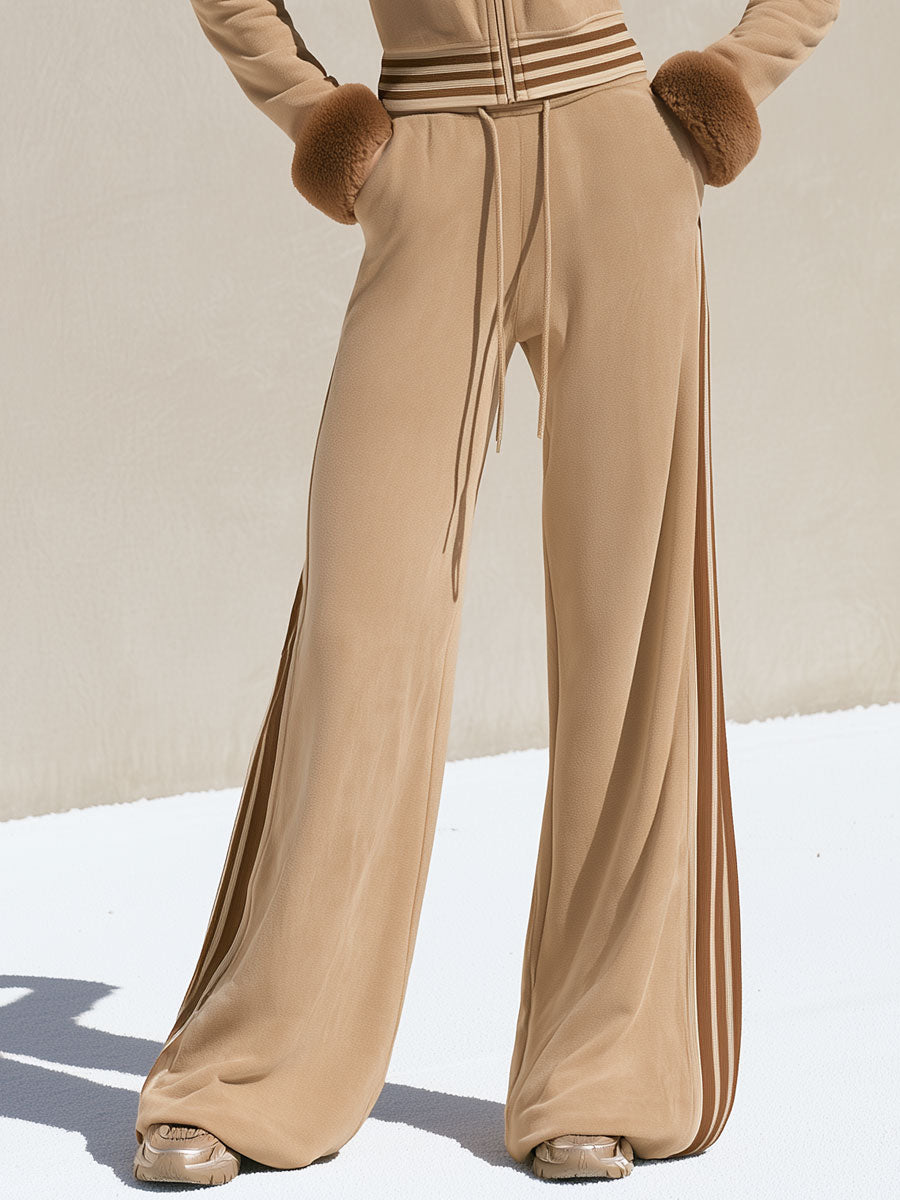 Sporty Retro Faux Fur Khaki Cotton Jacket Sweatshirt And Pants Set